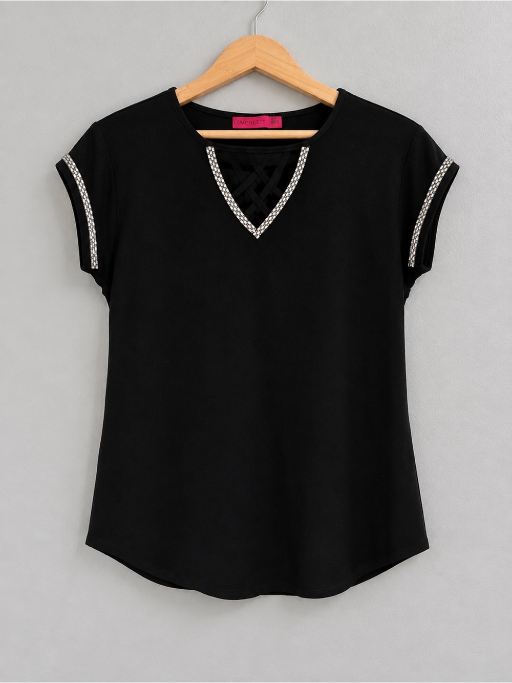 Love Scarlett Black Rhinestone Criss Cross V Neck Blouse Womenโs Small Stretch